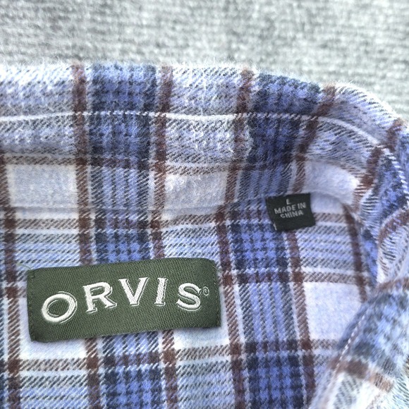 Orvis Luxury Flannel Shirt Large Blue Check Long Sleeve Button Down Cotton - Picture 4 of 8